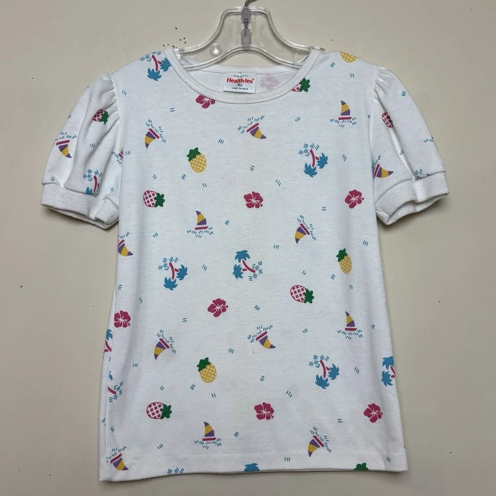VTG Healthtex Shirt Girls Size 6 White Pineapples Tropical Hibiscus Boat Puff